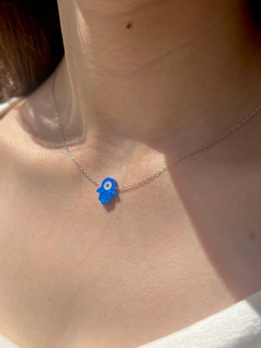 Blue Evil Eye Hamsa Necklace – 925 Silver