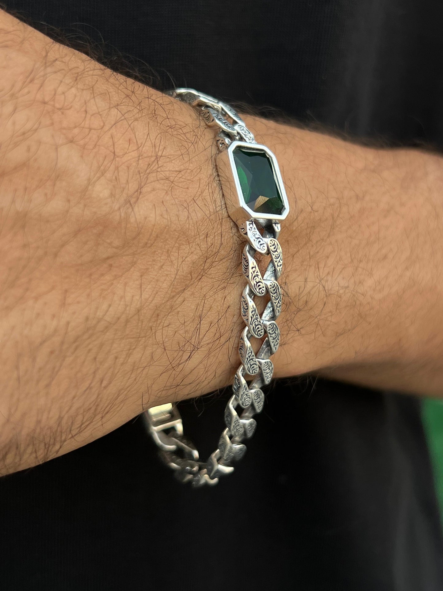 Emerald Green Stone Turkish Bracelet for Men's Sterling Silver 925s-22cm