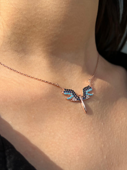 Rose Gold Plated- Blue Guardian Angel Necklace- Italian sterling Silver-925s