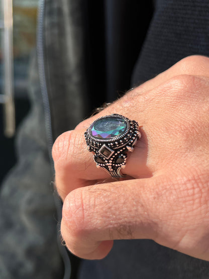 Oxized Aurora Stone Engraved Ring -Sterling Silver 925s