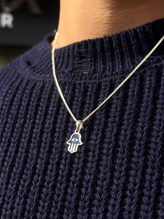 Dark blue Hamsa-Grommet Necklace Sterling Silver 925s