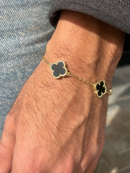 Fine Gold Plated Men’s 3 V.Clover & Arpels Black Onyx Bracelet in Italian Silver S925