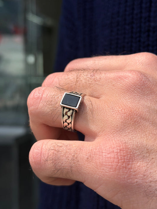 Braided Onyx Stone Ring -for Men's Sterling Silver 925s