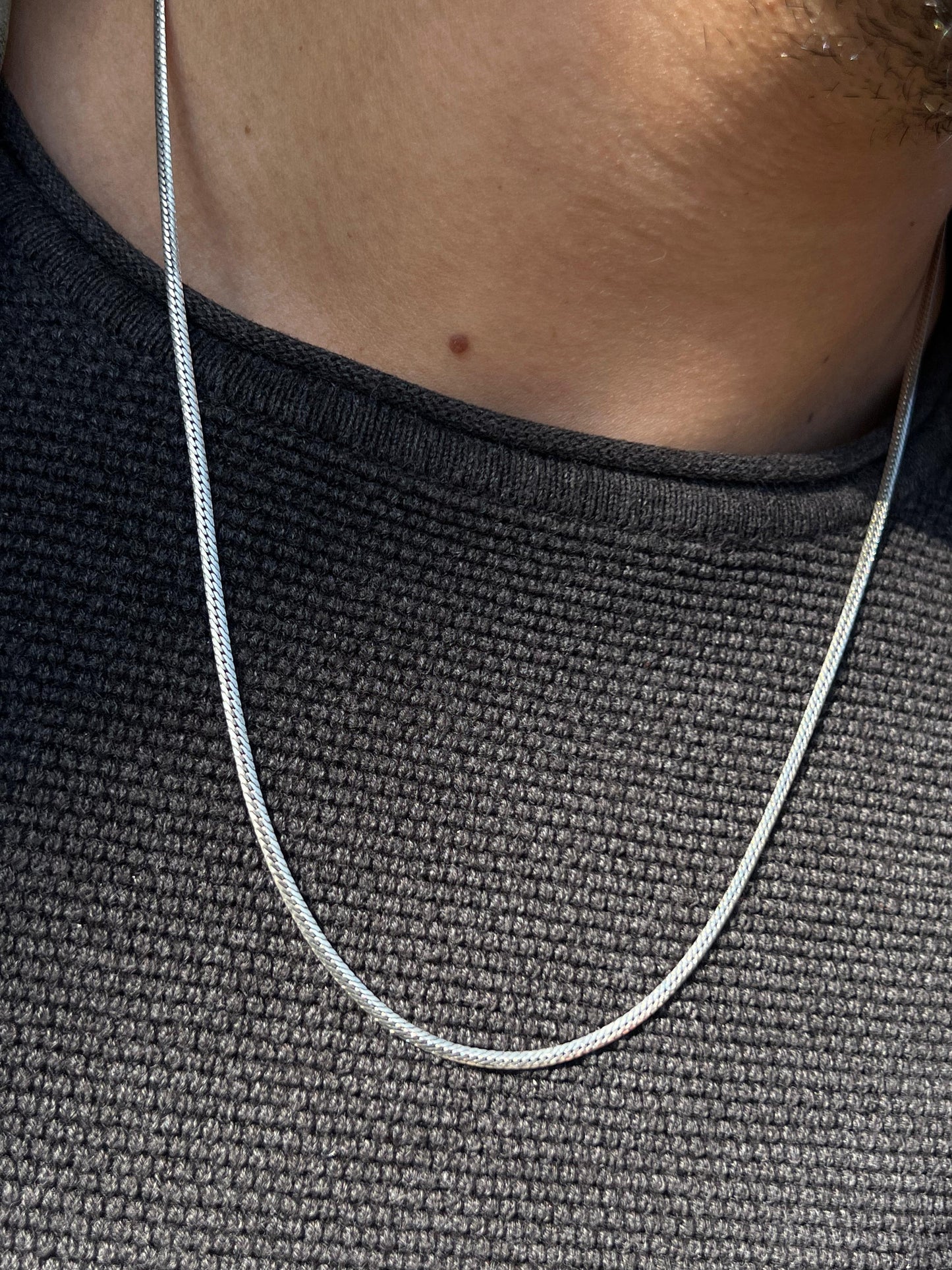 Slim Blocked Grommet Necklace For Men Sterling Silver 925- (54cm,3mm)