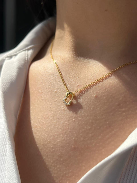 Fine Gold plated Zirconia Heart Necklace-in Sterling Silver -925