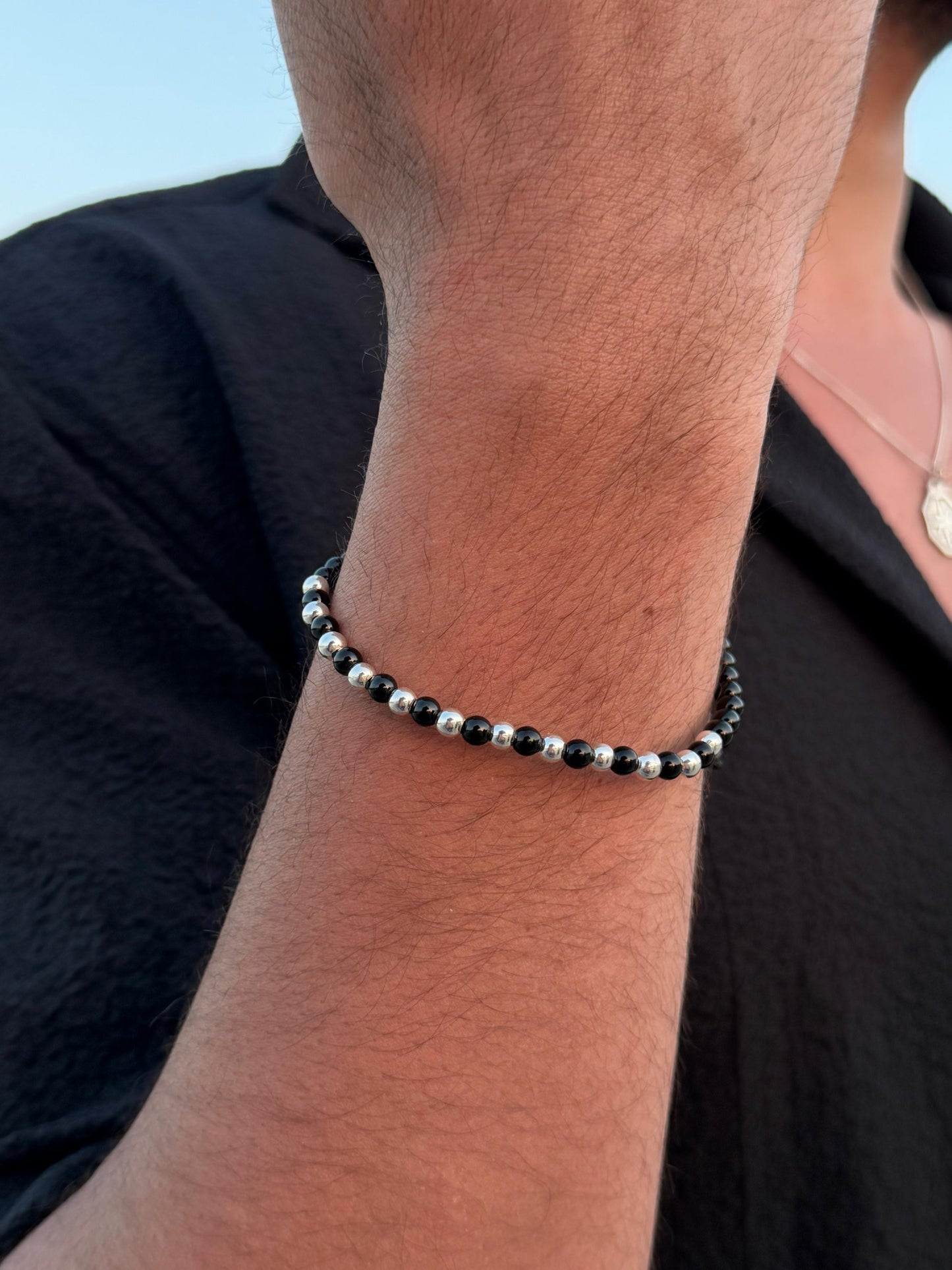 Onyx + Silver Beads Adjustable Macramé Bracelet