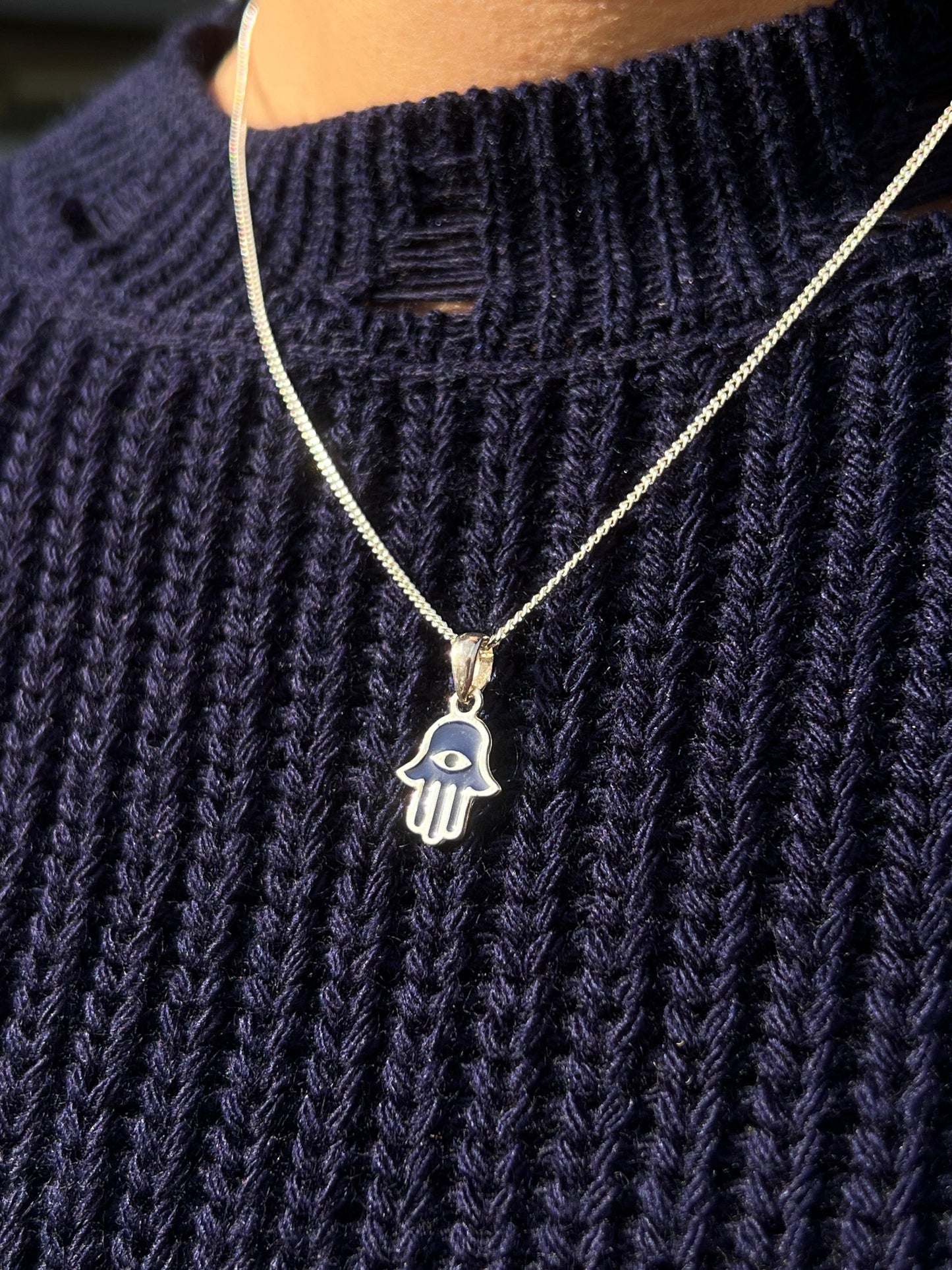 Dark blue Hamsa-Grommet Necklace Sterling Silver 925s