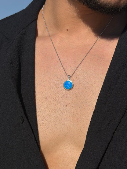 Circle Blue Opal Necklace in Sterling Silver 925s