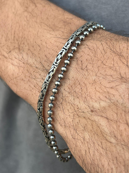 Double Bracelet (beads+Rounded King)for Men's Sterling Silver 925s