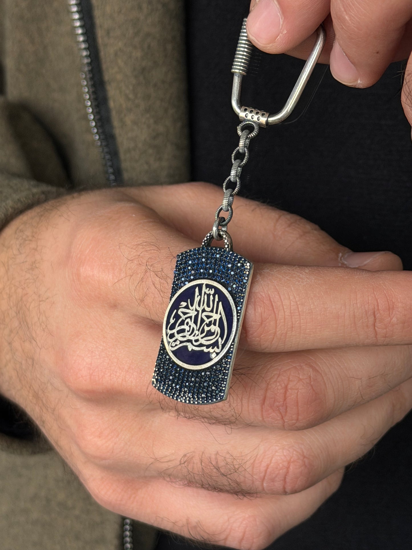 Islamic Zirconia Key Chain -Sterling Silver 925s -Dark Blue