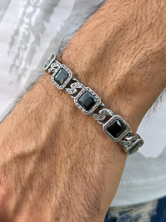 Black Stones Bracelet for Men's Sterling Silver 925s-20cm