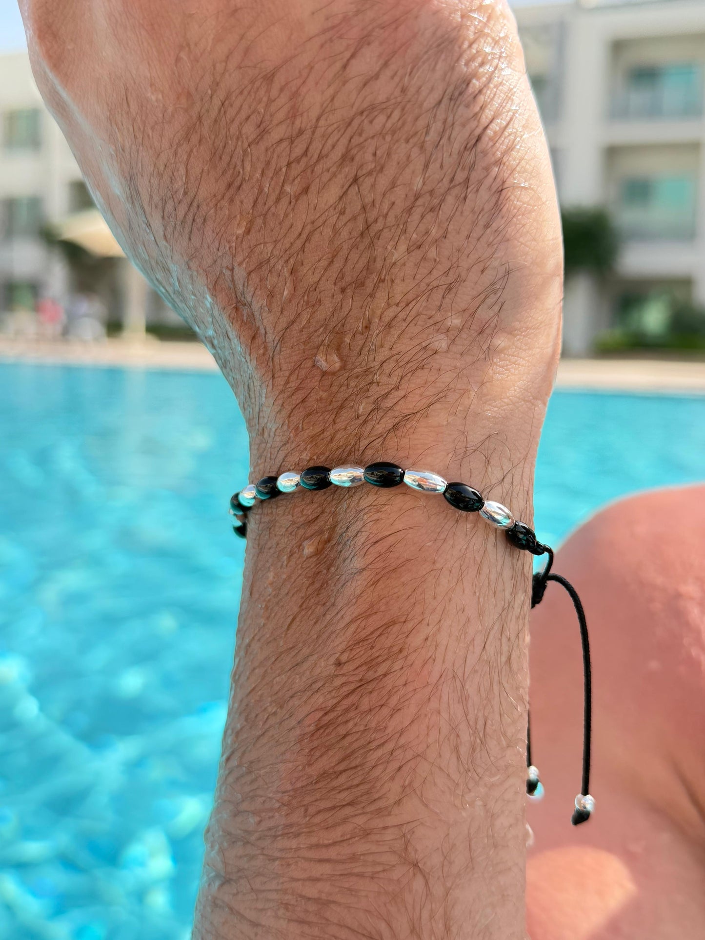 Onyx + Silver Beads Adjustable Macramé Bracelet