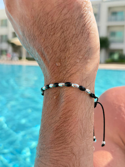 Onyx + Silver Beads Adjustable Macramé Bracelet