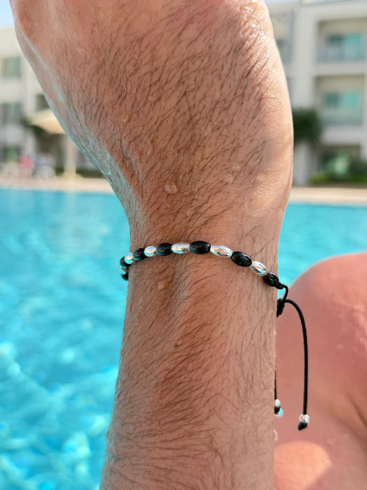 Onyx + Silver Beads Adjustable Macramé Bracelet
