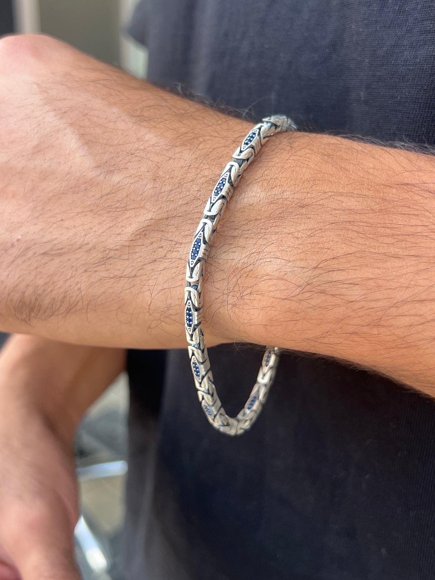 Blue Zirconia King Bracelet for Men's Sterling Silver 925s-(23cm-4mm)