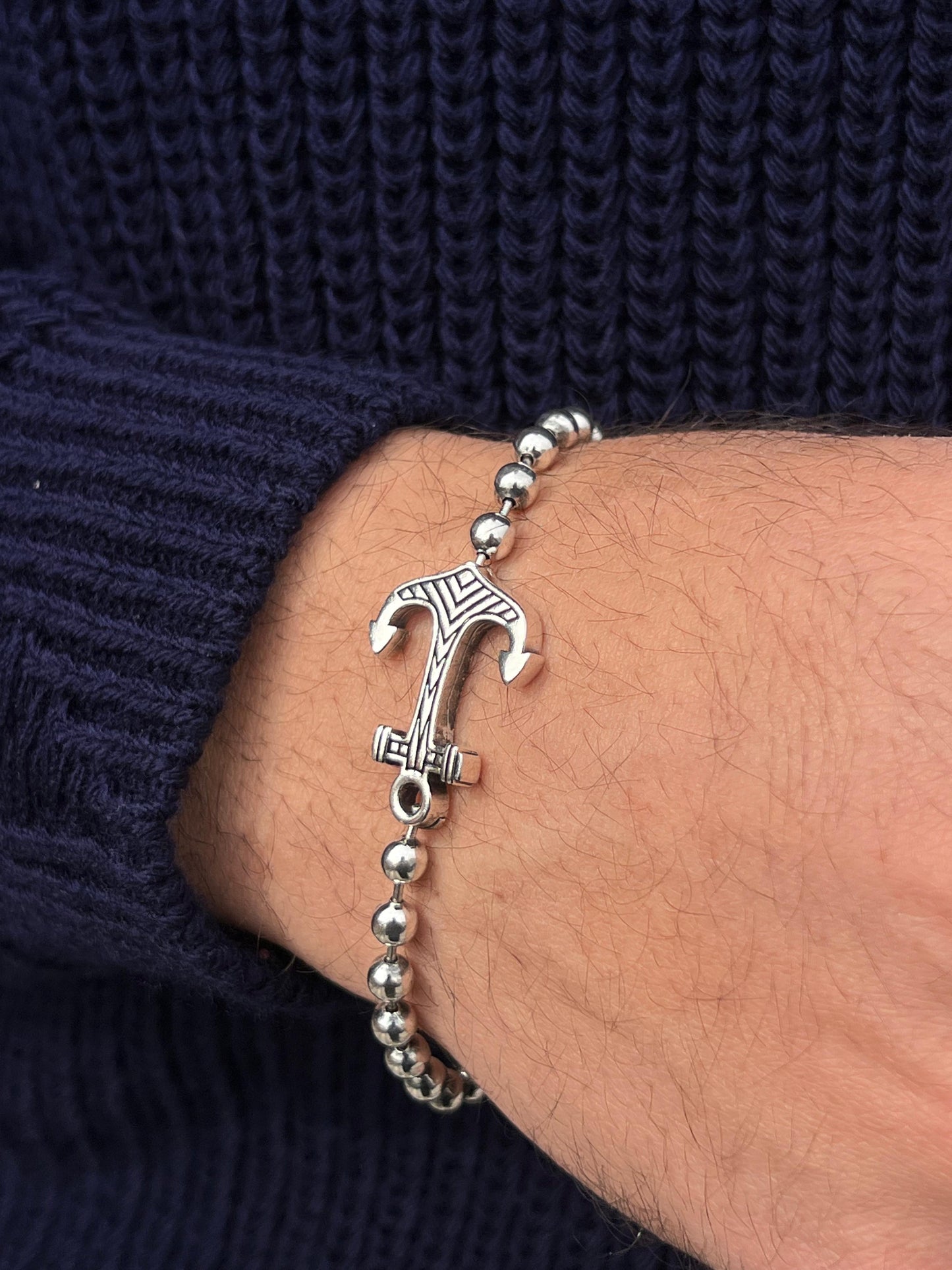 Anchor Beaded Bracelet for Men's Sterling Silver 925s-21cm