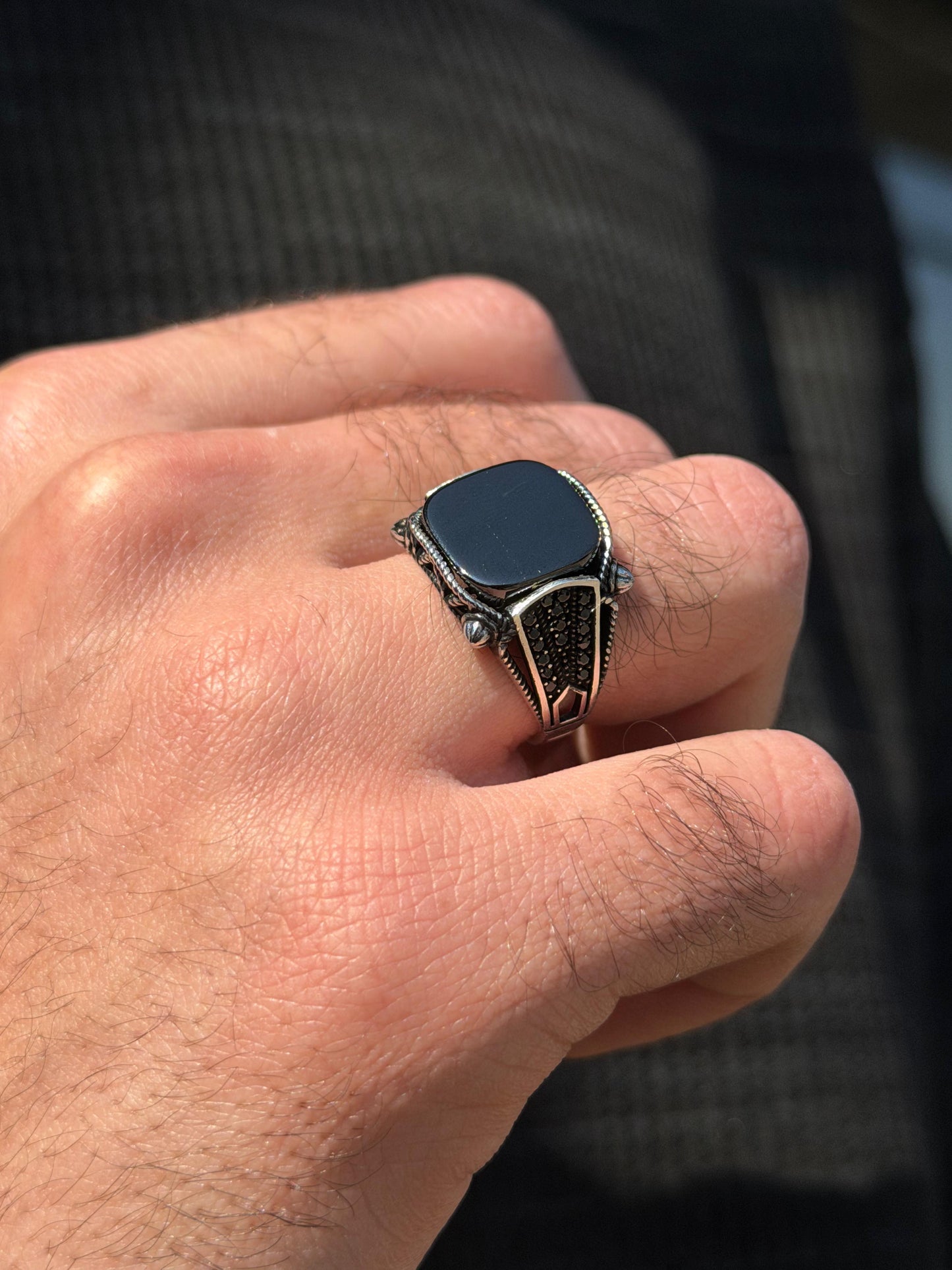 Black onyx Stone Engraved Ring -Sterling Silver 925s