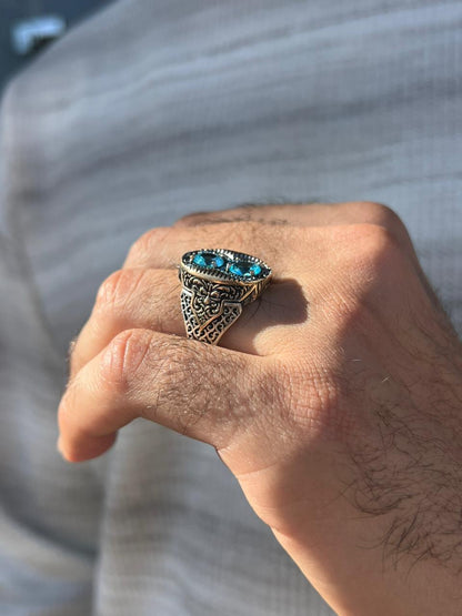 Aqua Double Crown Ring -Sterling Silver 925s