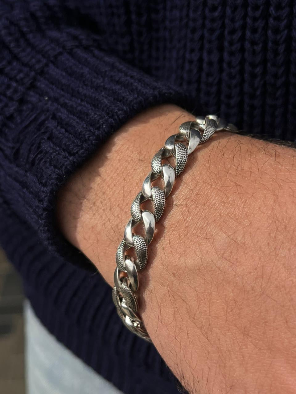 Engraved Thick Grommet Bracelet for Men's Sterling Silver 925s-21.5cm