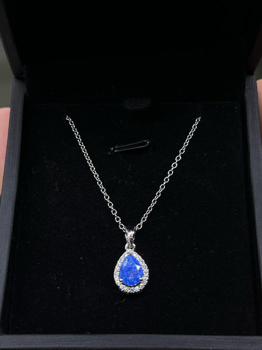 Teardrop blue opal Sparkle Necklace -sterling Silver-925s