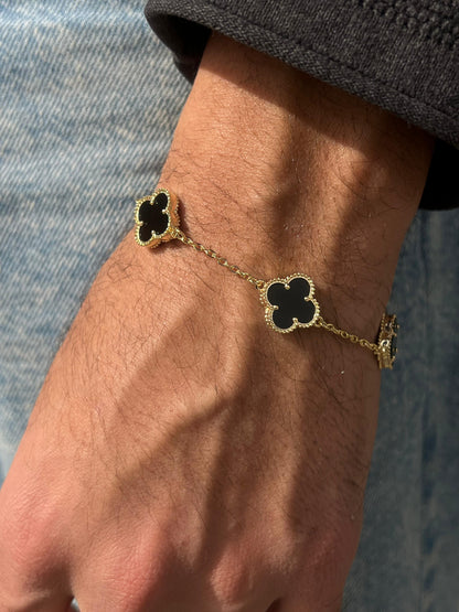 Fine Gold Plated Men’s 3 V.Clover & Arpels Black Onyx Bracelet in Italian Silver S925