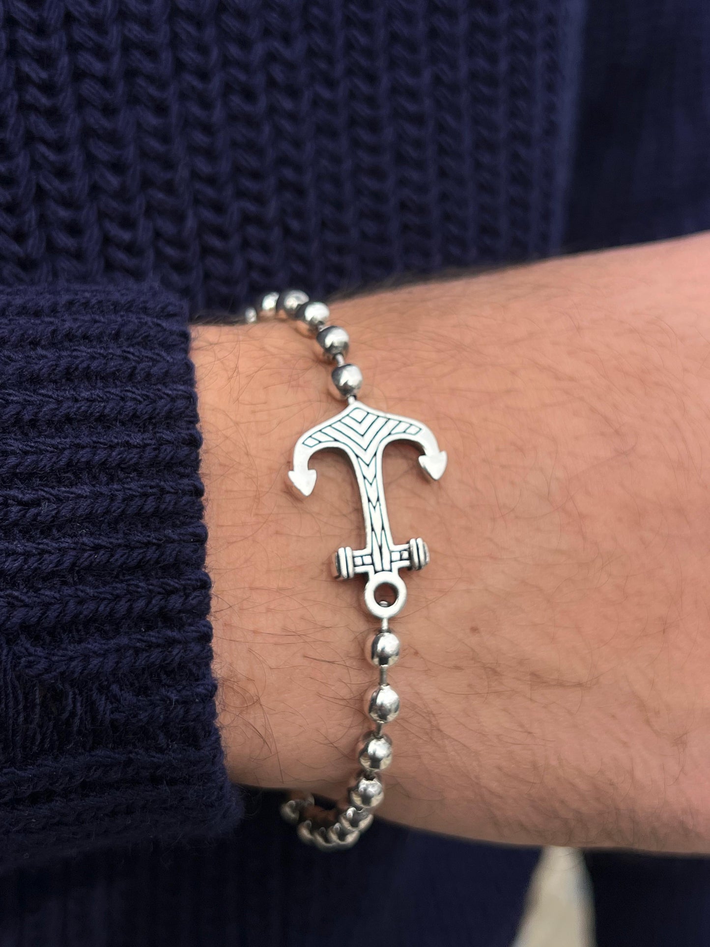 Anchor Beaded Bracelet for Men's Sterling Silver 925s-21cm