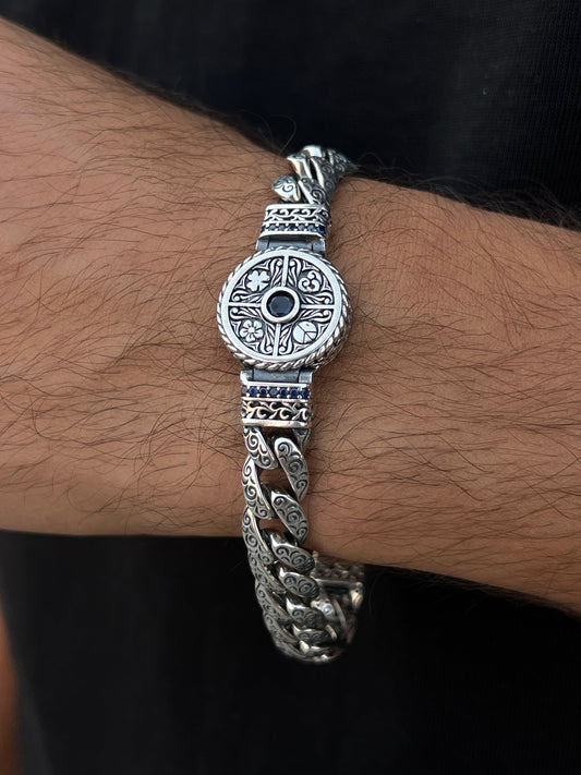 Zaro one stone - Engraved Bracelet for Men's Sterling Silver 925s-21cm