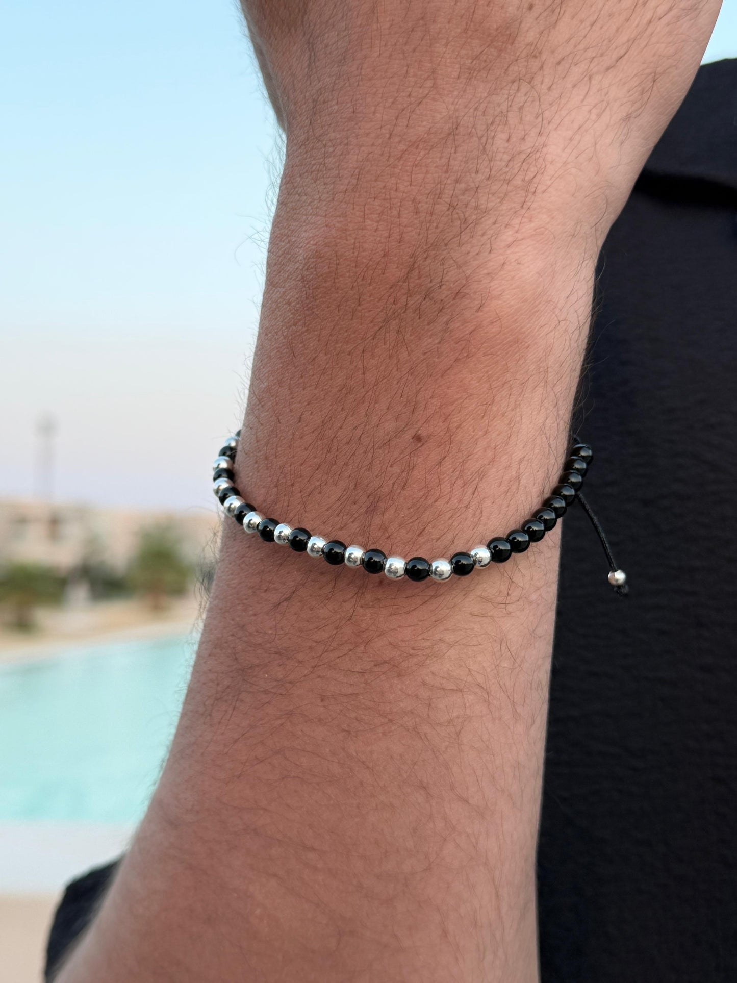 Onyx + Silver Beads Adjustable Macramé Bracelet