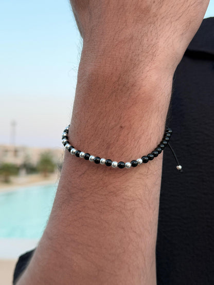 Onyx + Silver Beads Adjustable Macramé Bracelet