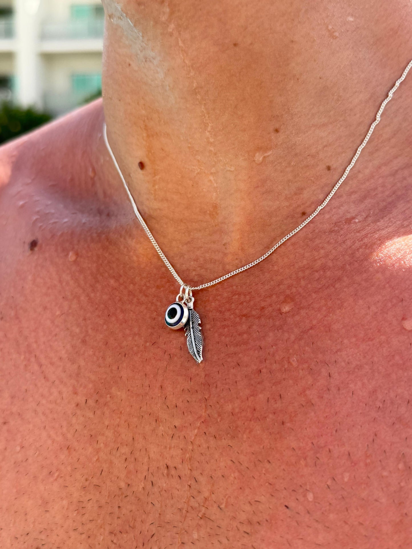 Evil Eye Feather Necklace in Sterling Silver 925s