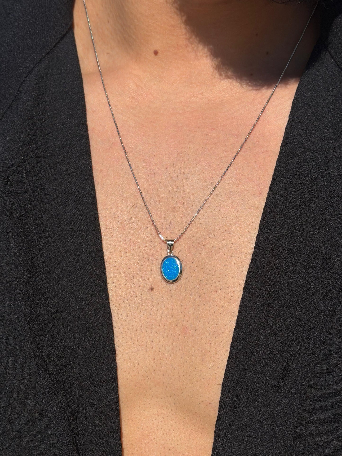 Oval Blue Opal Necklace in Sterling Silver 925s