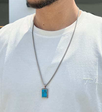 Turquoise Stone Box Chain Necklace for Men – Sterling Silver 925
