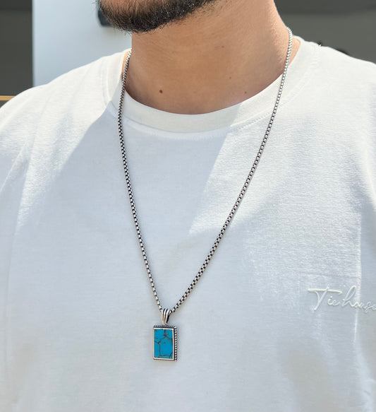 Turquoise Stone Box Chain Necklace for Men – Sterling Silver 925
