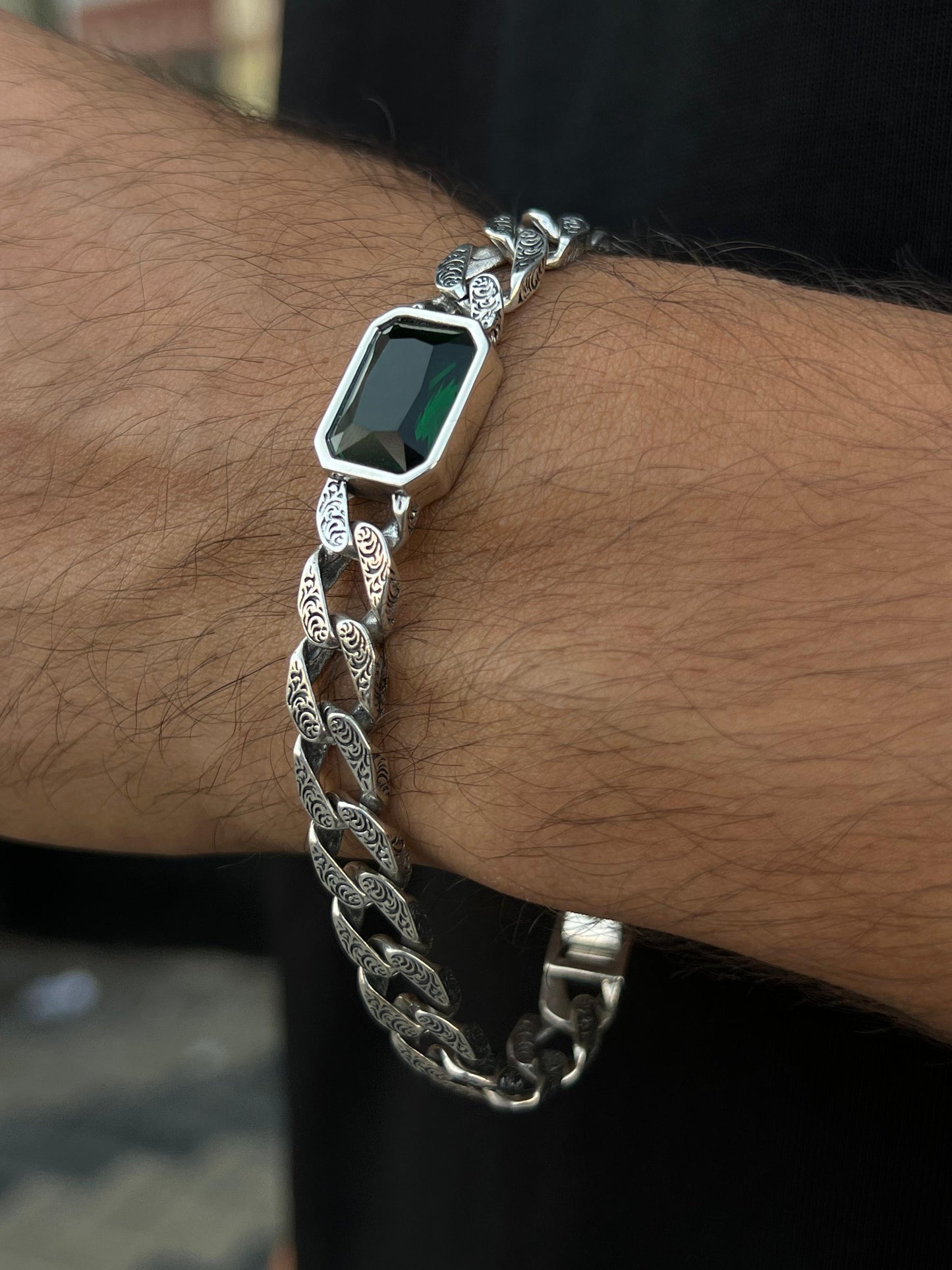 Emerald Green Stone Turkish Bracelet for Men's Sterling Silver 925s-22cm