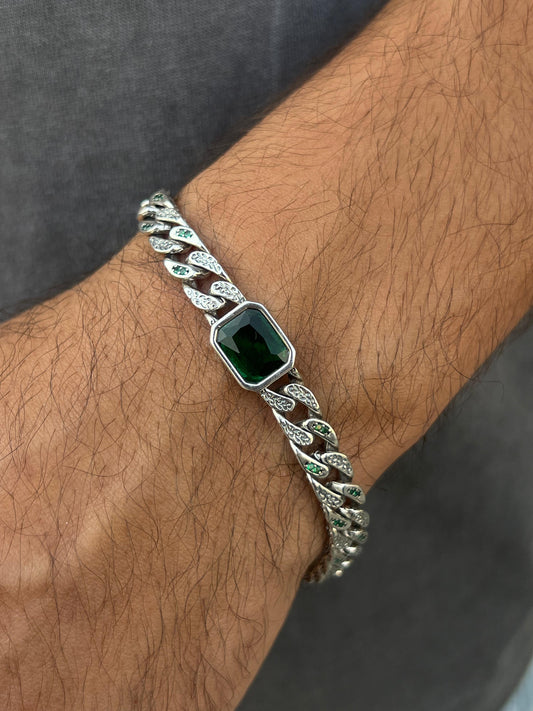 Emerald Green Stone Bracelet for Men's Sterling Silver 925s-(21cm-8mm)