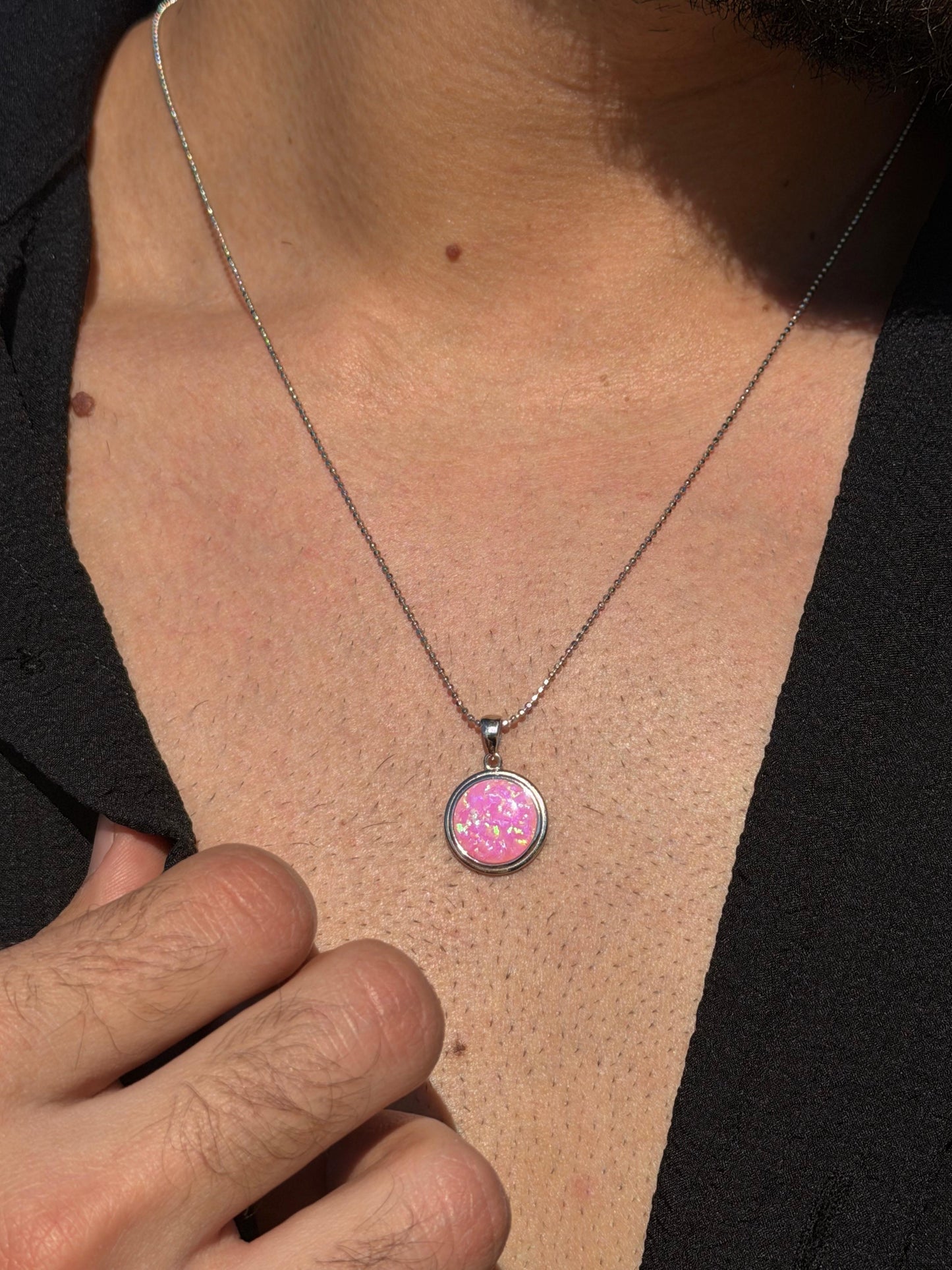 Circle Pink Opal Necklace in Sterling Silver 925s