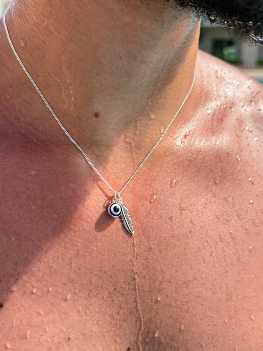Evil Eye Feather Necklace in Sterling Silver 925s