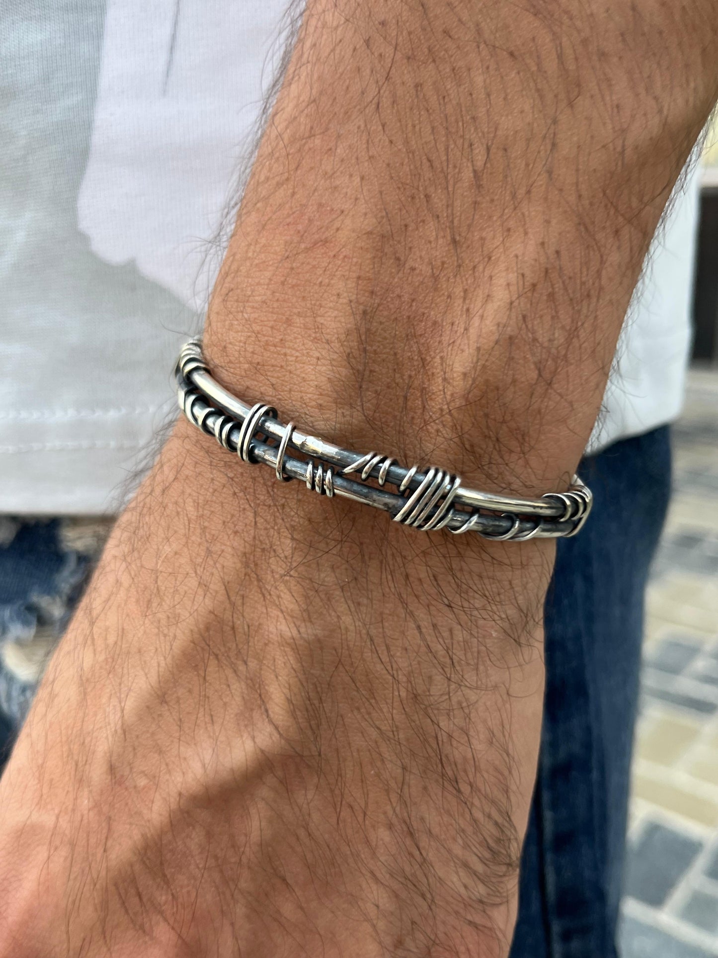 Handmade Savage Wire Bangle for Men's Sterling Silver 925s