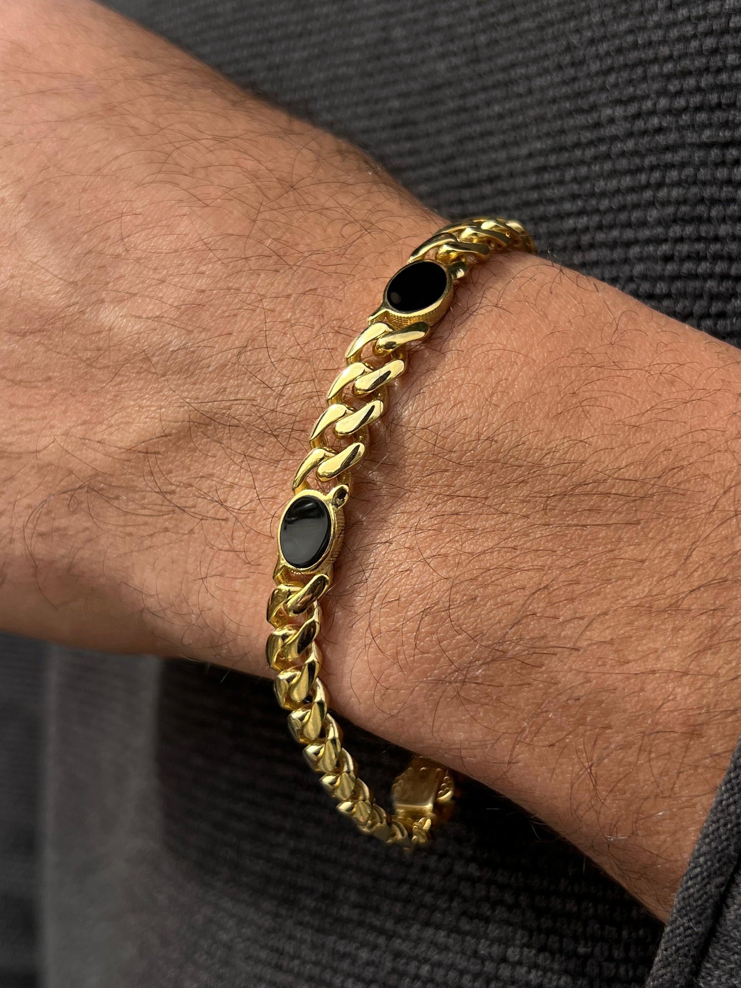 Fine Gold Plated -Multi Onyx Bracelet Sterling Silver 925s-(20cm-8mm)