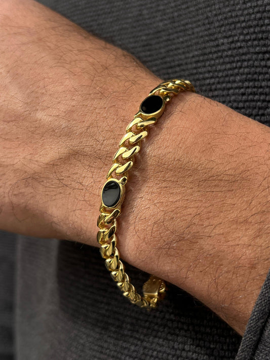 Fine Gold Plated -Multi Onyx Bracelet Sterling Silver 925s-(20cm-8mm)