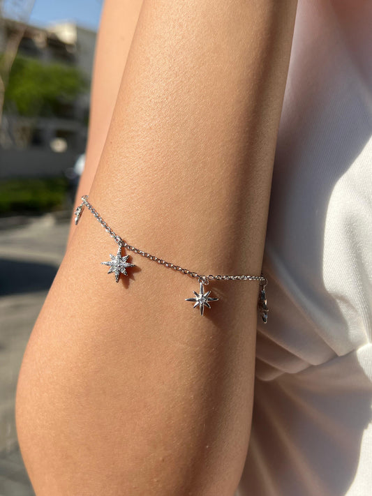 Dangling Stars Zirconia Bracelet -in Sterling Silver -925