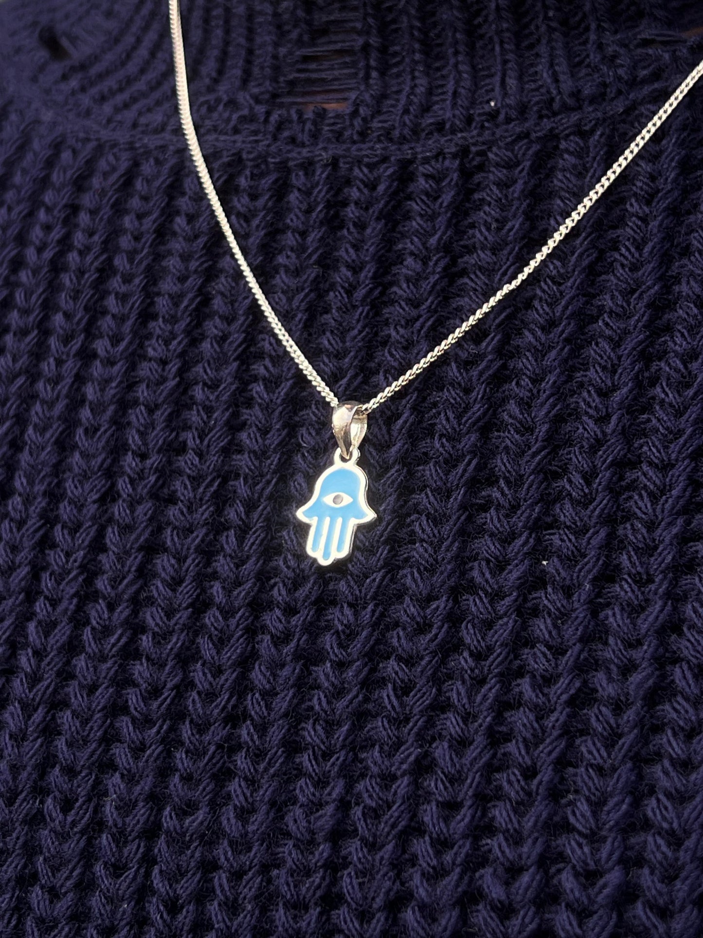 Aqua Hamsa-Grommet Necklace Sterling Silver 925s