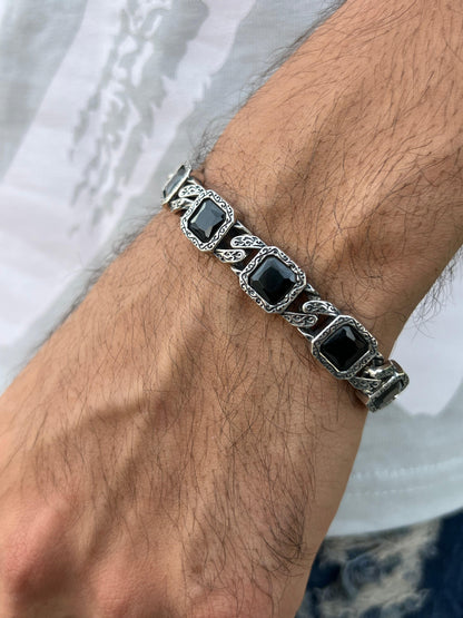 Black Stones Bracelet for Men's Sterling Silver 925s-20cm