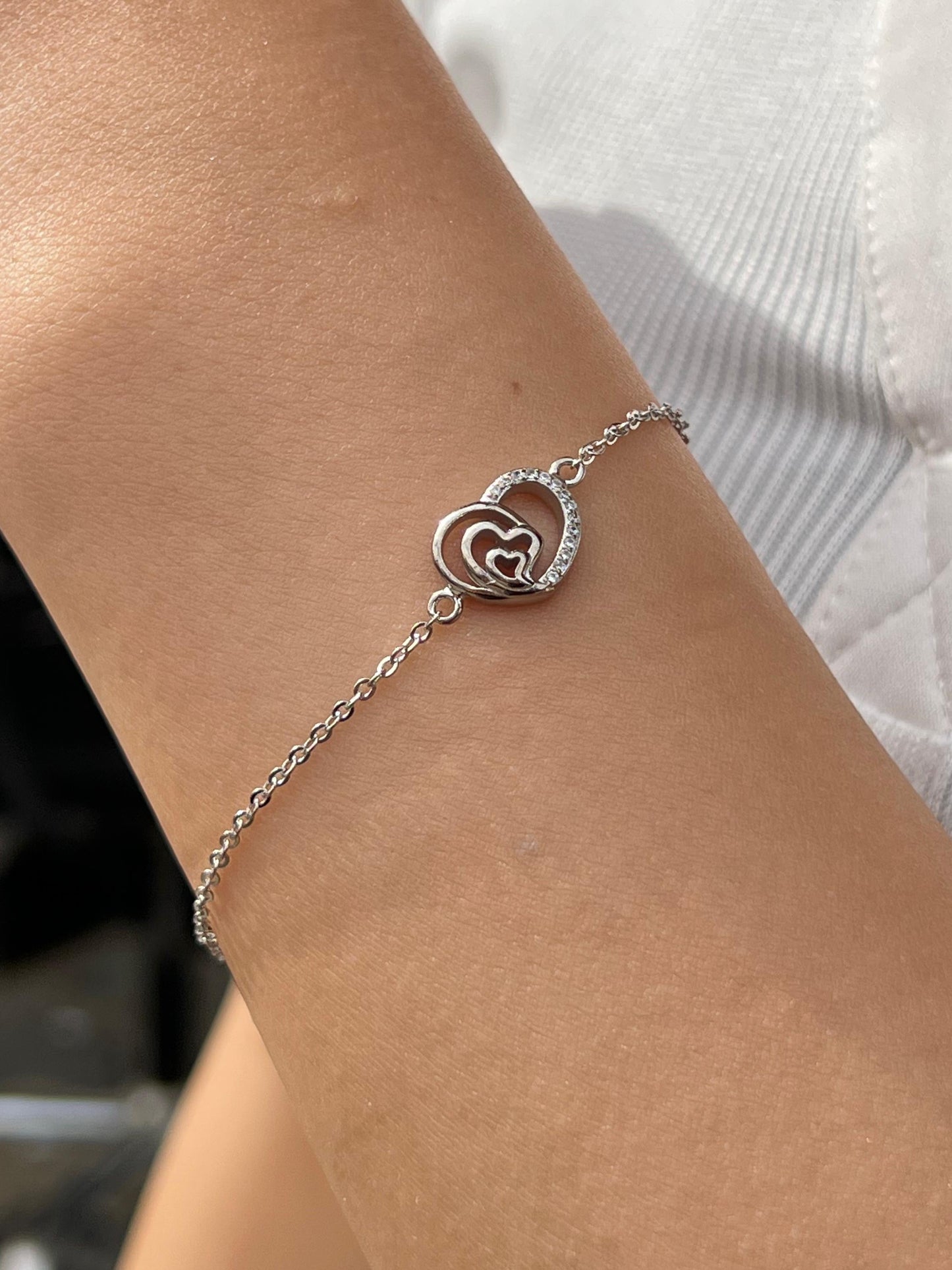 Double Heart Zirconia Bracelet -in Sterling Silver -925