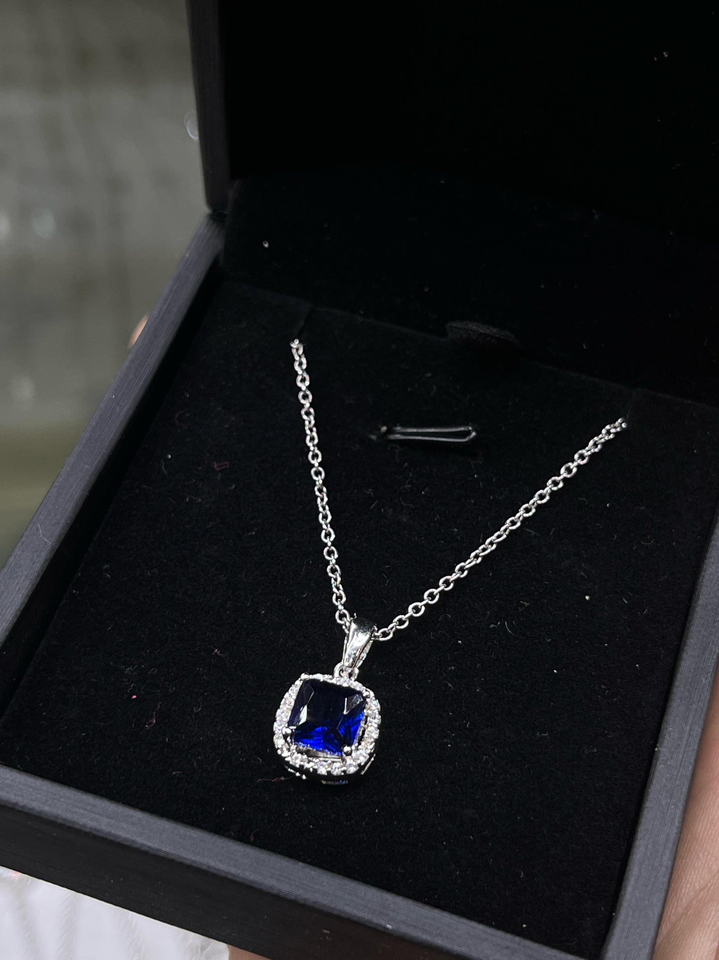Royal blue Square zirconia Necklace -sterling Silver-925s