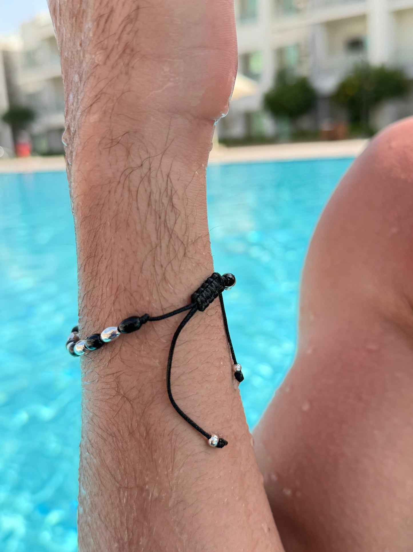 Onyx + Silver Beads Adjustable Macramé Bracelet