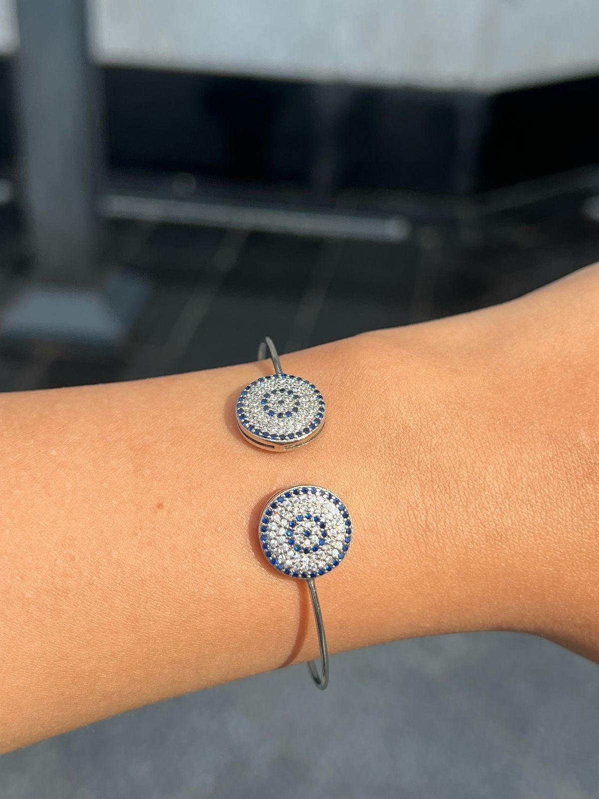 Large Zirconia evil eye Bangle -sterling Silver-925s