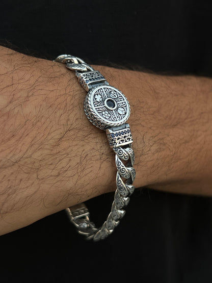 Zaro one stone - Engraved Bracelet for Men's Sterling Silver 925s-21cm