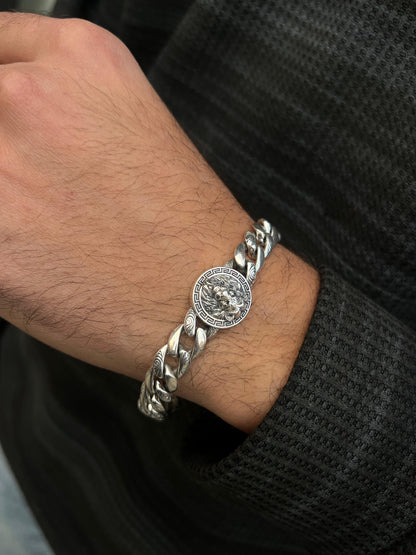Engraved Versace Lion Bracelet Sterling Silver 925s-(21cm-11mm)