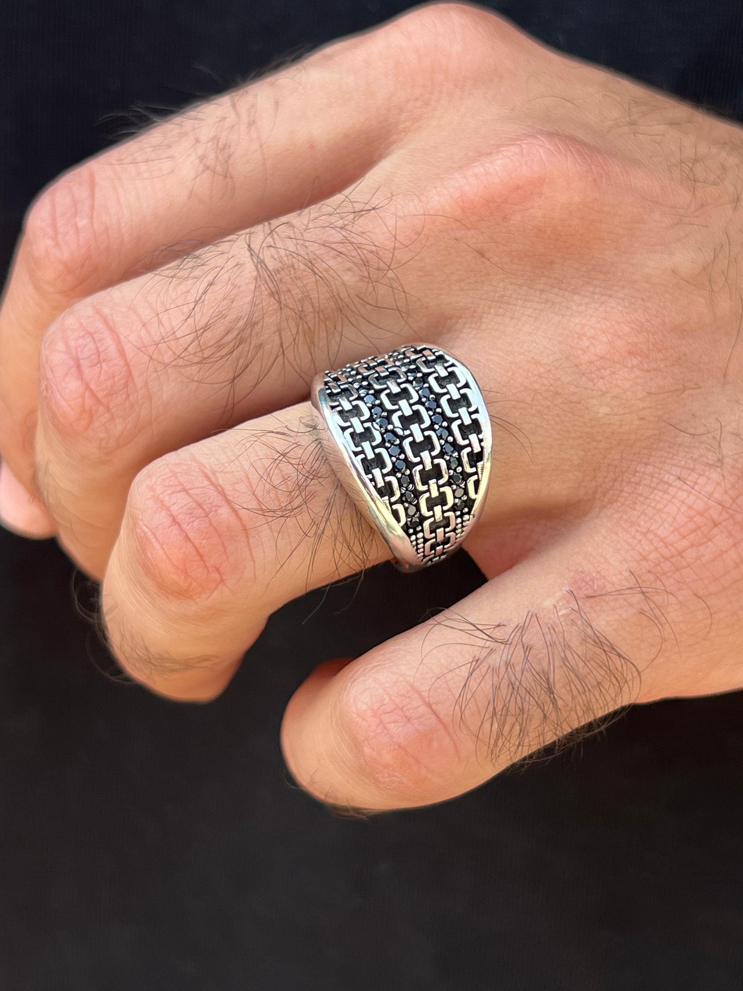 Link black zirconia Ring -for Men's Sterling Silver 925s